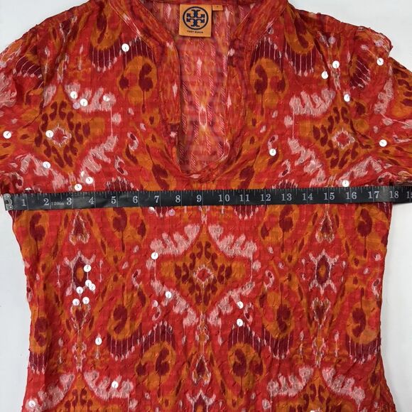 Tory Burch Sequin Silk Blend Tunic Blouse Red Pink Ikat Print Size 6 Sheer Top - Picture 9 of 13